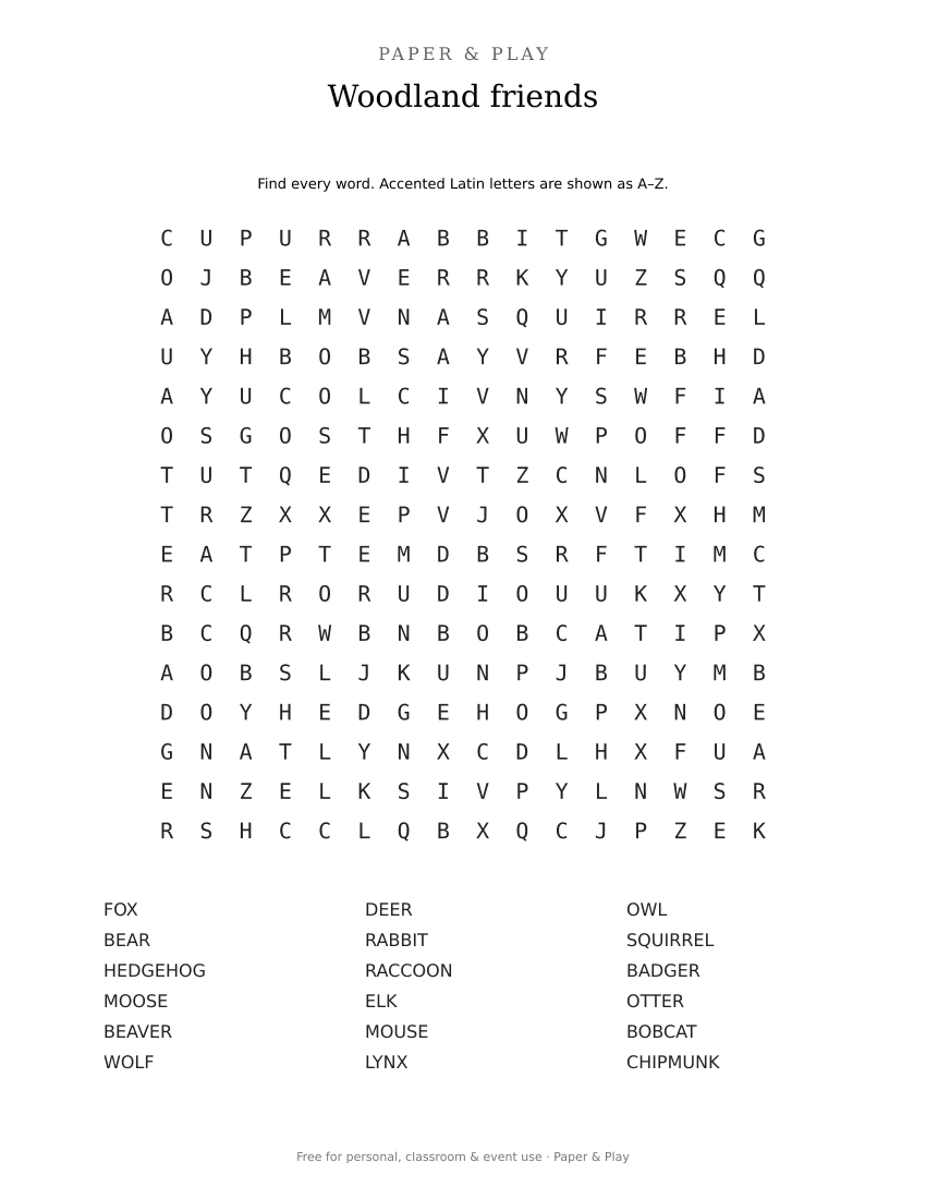 Woodland friends word search printable preview